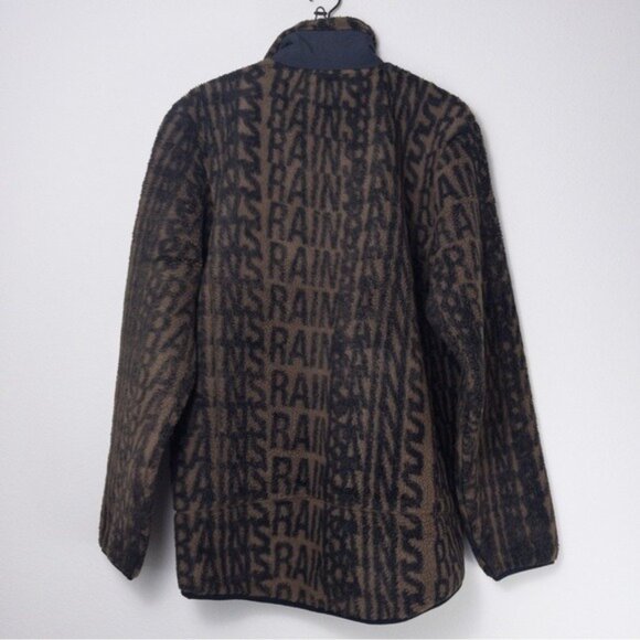 NWT RAINS Heavy Fleece Jacket L Unisex Wood Black Monogram Oversized Boxy - Picture 10 of 12